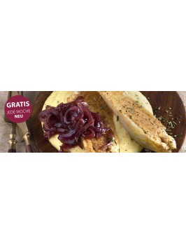 Chicorée mit Rosmarinkruste, Ingwer-Zwiebel-Marmelade und Cremepolenta