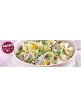 Erbsen-Pilz-Pasta mit Ricotta-Dill-Soße