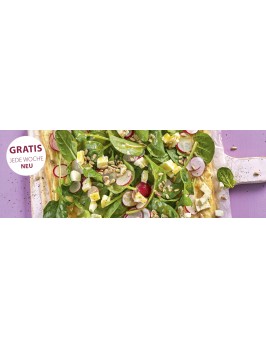 Flammkuchen mit Knoblauchcreme und Radieschen-Spinat-Topping