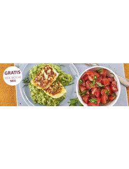 Halloumi auf Erbsen-Minz-Püree mit Tomatensalat