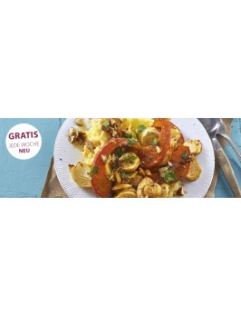 Kartoffelstampf mit winterlichem Ofengemüse und Mandel-Chili-Butter