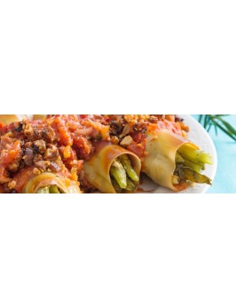 Cannelloni mit grünen Bohnen, Tomatensoße und Pilz-Topping