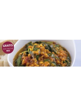 Rote-Linsen-Topf mit Curry-Tomaten-Spinat und Fladenbrot