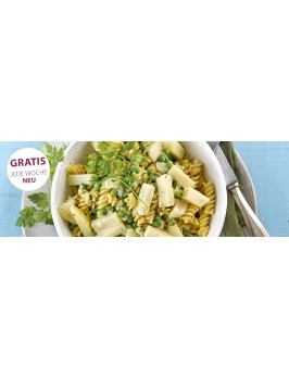 One Pot Pasta mit Kohlrabi, Erbsen, Ziegenkäse und Kerbel