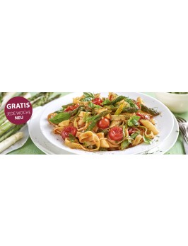 Pasta mit Spargel in Knoblauch-Tomaten-Kapern-Soße