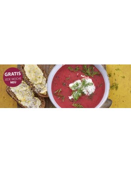 Rote-Bete-Kartoffelsuppe mit Zitronenbutter-Brötchen